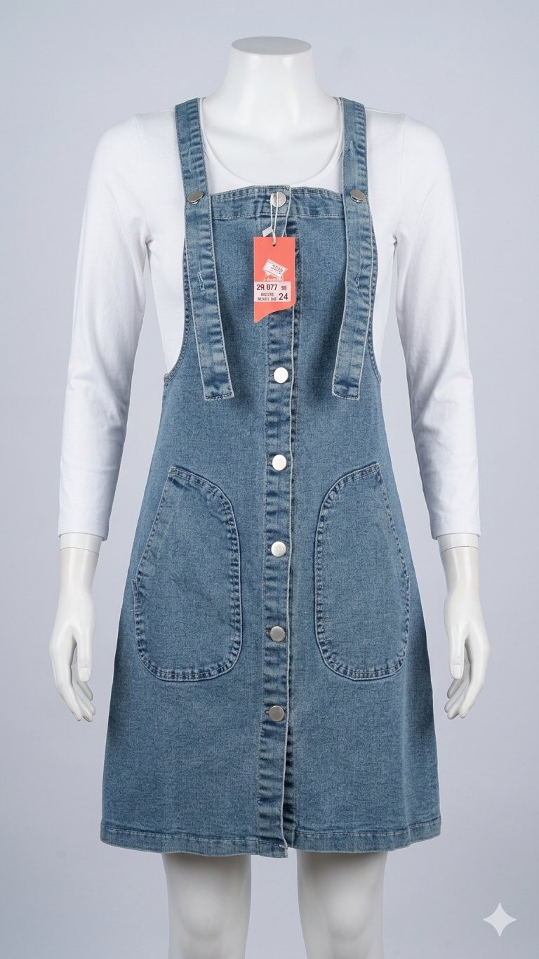 Denim button-front pinafore overall dress.