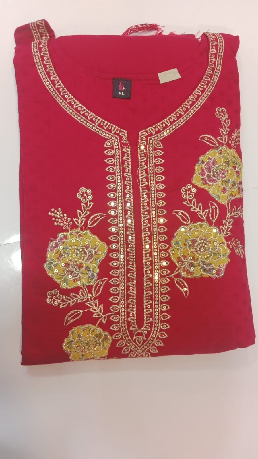 Red Embroidered Malmal Cotton Kurta Set