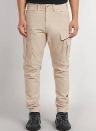 pair of light beige multi-pocket cargo pants featuring utility box pockets and an adjustable drawstring waistband.