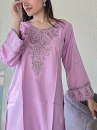 Ladies Lavender Viscose Slub Embroidery Kurti