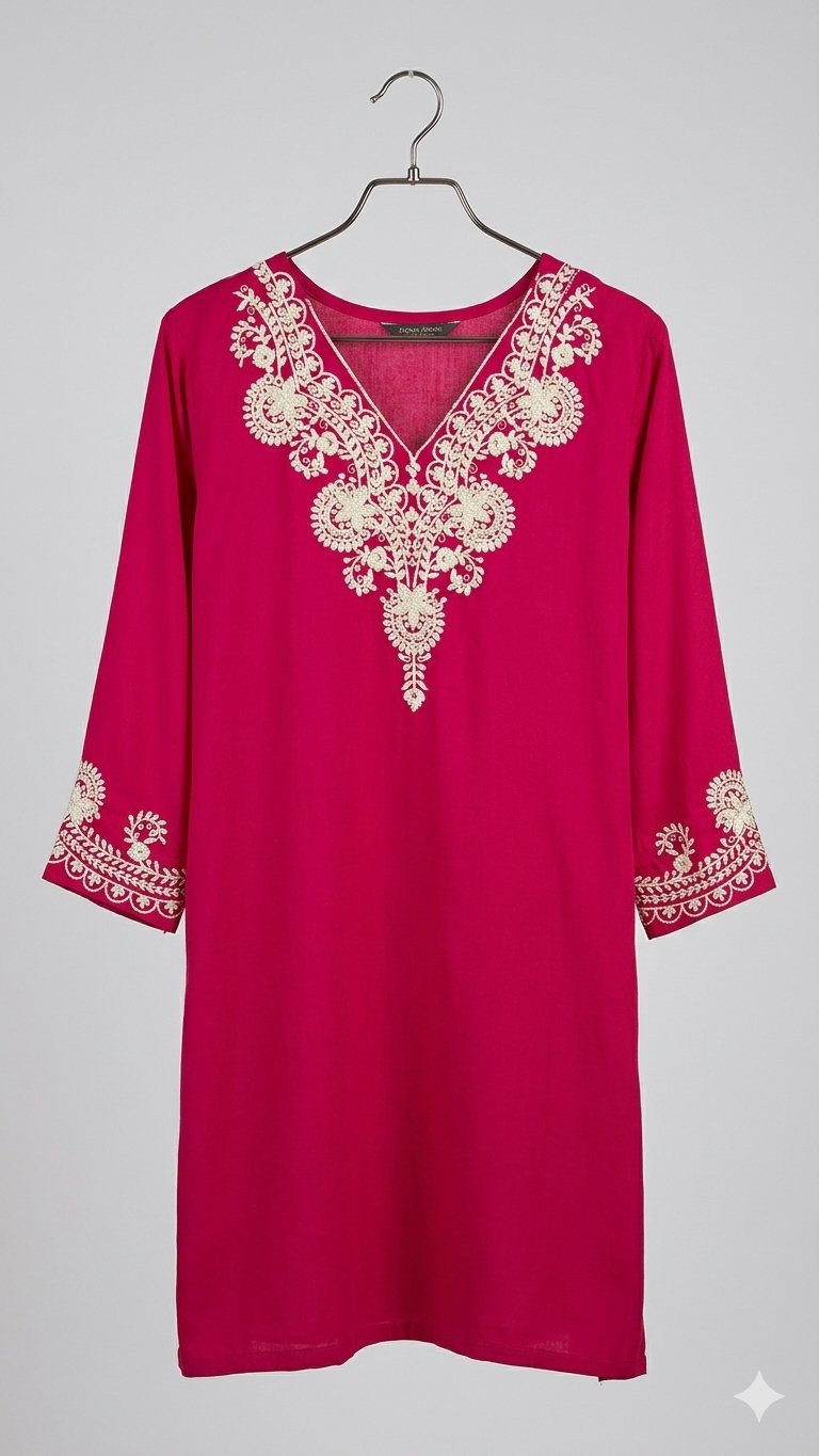 Fuchsia Pink Embroidered V-Neck Short Kurti (or Short Tunics Top).