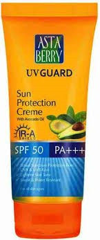 Astaberry UV Guard Sun Protection Creme featuring a bright yellow and blue tube with an avocado graphic.