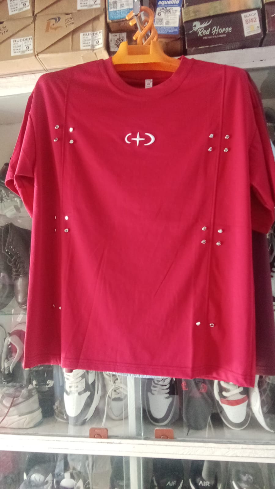 Red Studded Rivet Detail Oversized T-Shirt.