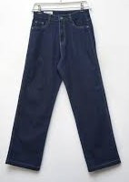 hese dark blue denim jeans feature a classic slim-fit design with contrast stitching, shown here hanging on a display hanger.
