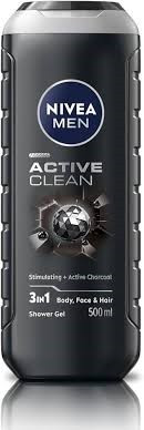 Nivea Men Active Clean 3-in-1 Shower Gel featuring naturally derived active charcoal.