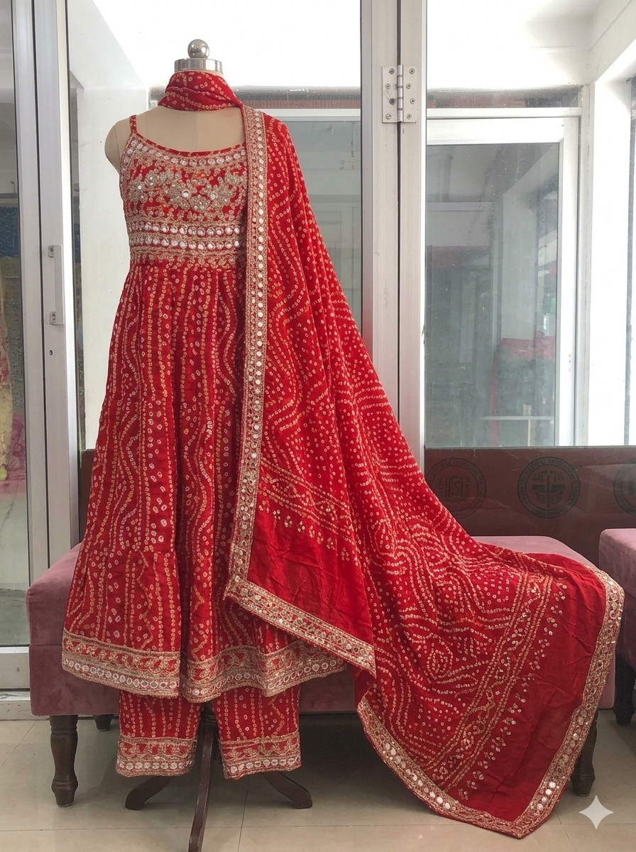 Red Bandhani Sharara/Garara Suit Set.