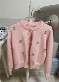 Cute Embroidered Cherry & Pearl Knit Cardigan.
