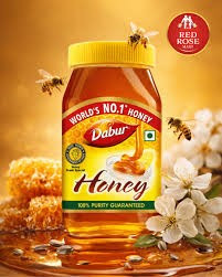 Dabur Honey with a yellow cap and a "Purity Guaranteed" label.