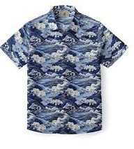 This is a blue and white short-sleeve button-down shirt featuring an all-over traditional landscape print