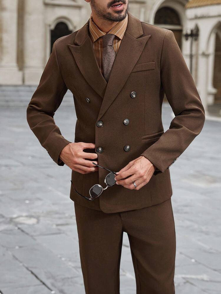 Men's Brown Double-Breasted Suit Set.