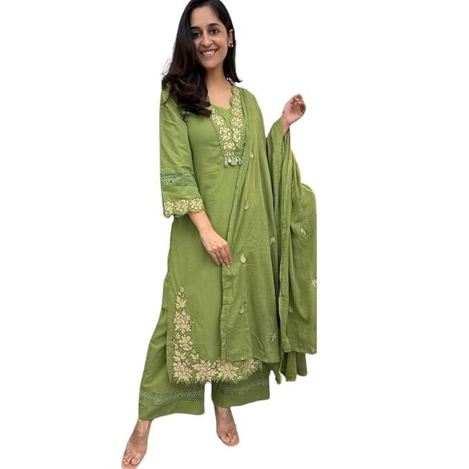 Women's Embroidered Salwar Suit Set, Orange, 3-Piece Kurta Palazzo Dupatta, Floral Design