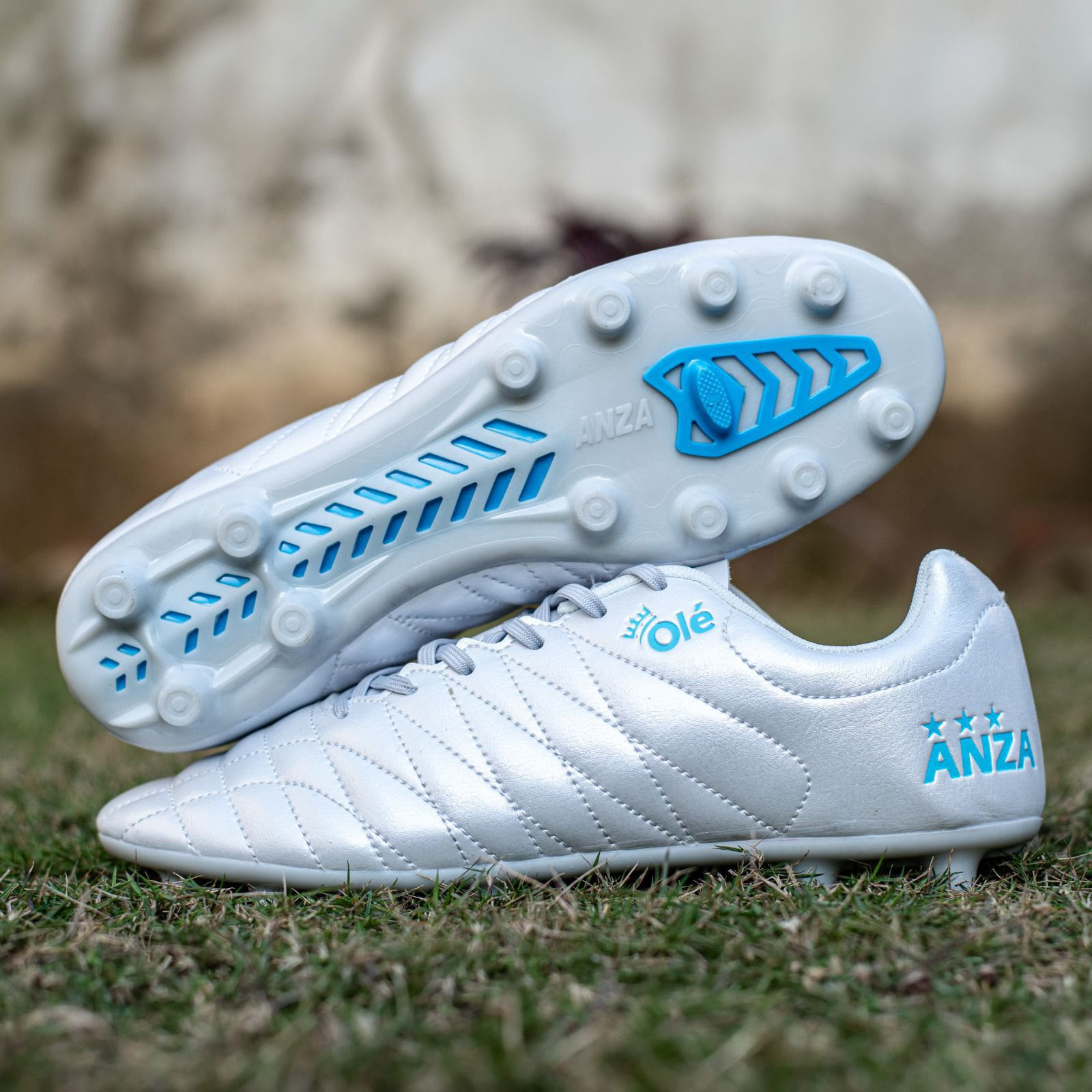 Anza Ole Football Studs, PU Upper, Lace up, for FG/AG, Size- 8 U.K. White