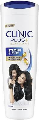 Clinic Plus Strong & Long Health Shampoo, featuring a white body with a blue flip-top cap and milk protein and multivitamin formulation