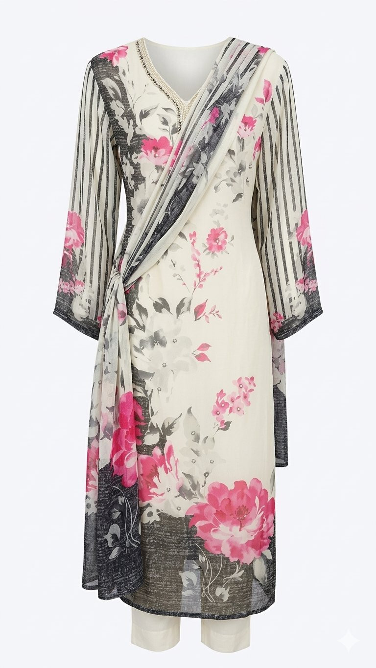 white and black floral-printed long-sleeved kurti set featuring pink flower detailing and a matching draped dupatta.