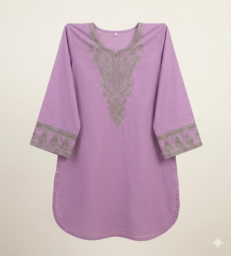 Ladies Lavender Viscose Slub Embroidery Kurti