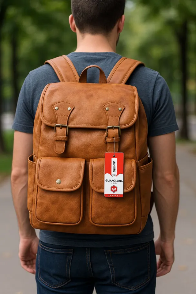 School College Office Double Pockets Leather Backpack