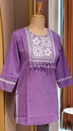 Solid Shade Tassel Accent Embroidered Yoke Cotton Short Kurti