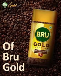 Bru Gold Edition premium freeze-dried instant coffee, featuring a rich flavor profile and a distinct gold-and-green label