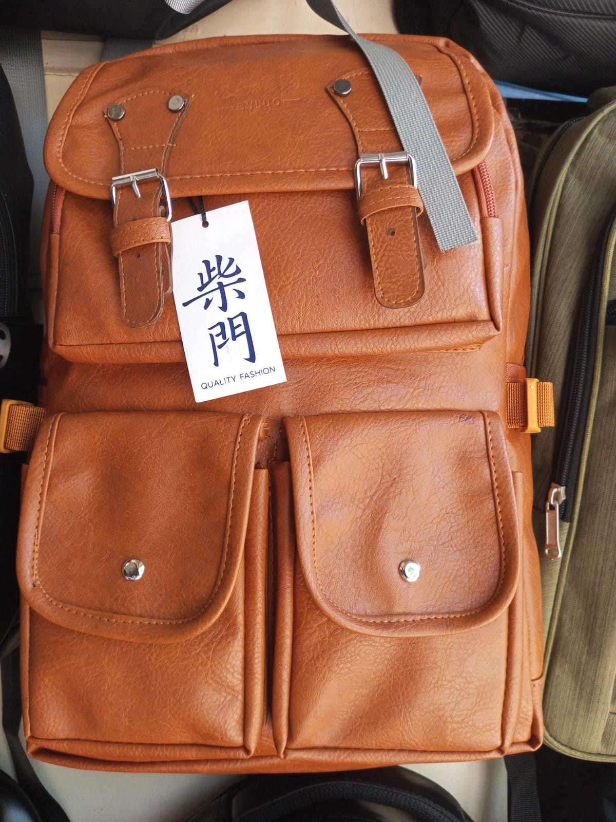 School College Office Double Pockets Leather Backpack