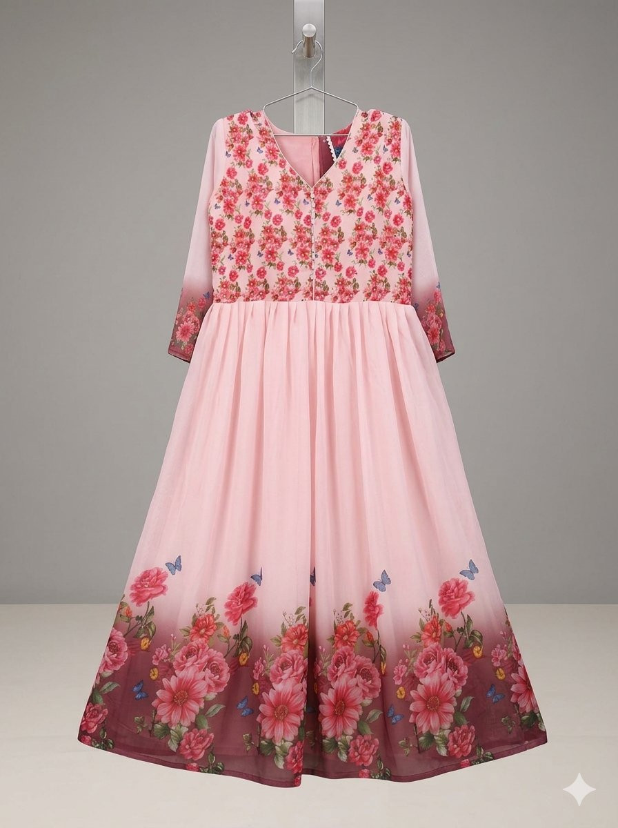 Pink Floral Print Georgette Anarkali Gown (or Long Frock).