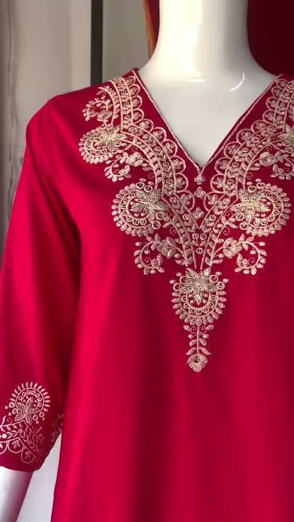 Fuchsia Pink Embroidered V-Neck Short Kurti (or Short Tunics Top).