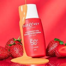 Dot & Key Strawberry Dew Tinted Sunscreen in the shade 01 Porcelain, featuring a bright red and white box