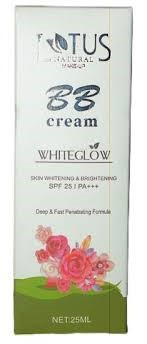 Lotus Herbals Whiteglow Skin Whitening & Brightening BB Cream with SPF 25 PA+++, featuring a pink flower illustration on a white and green