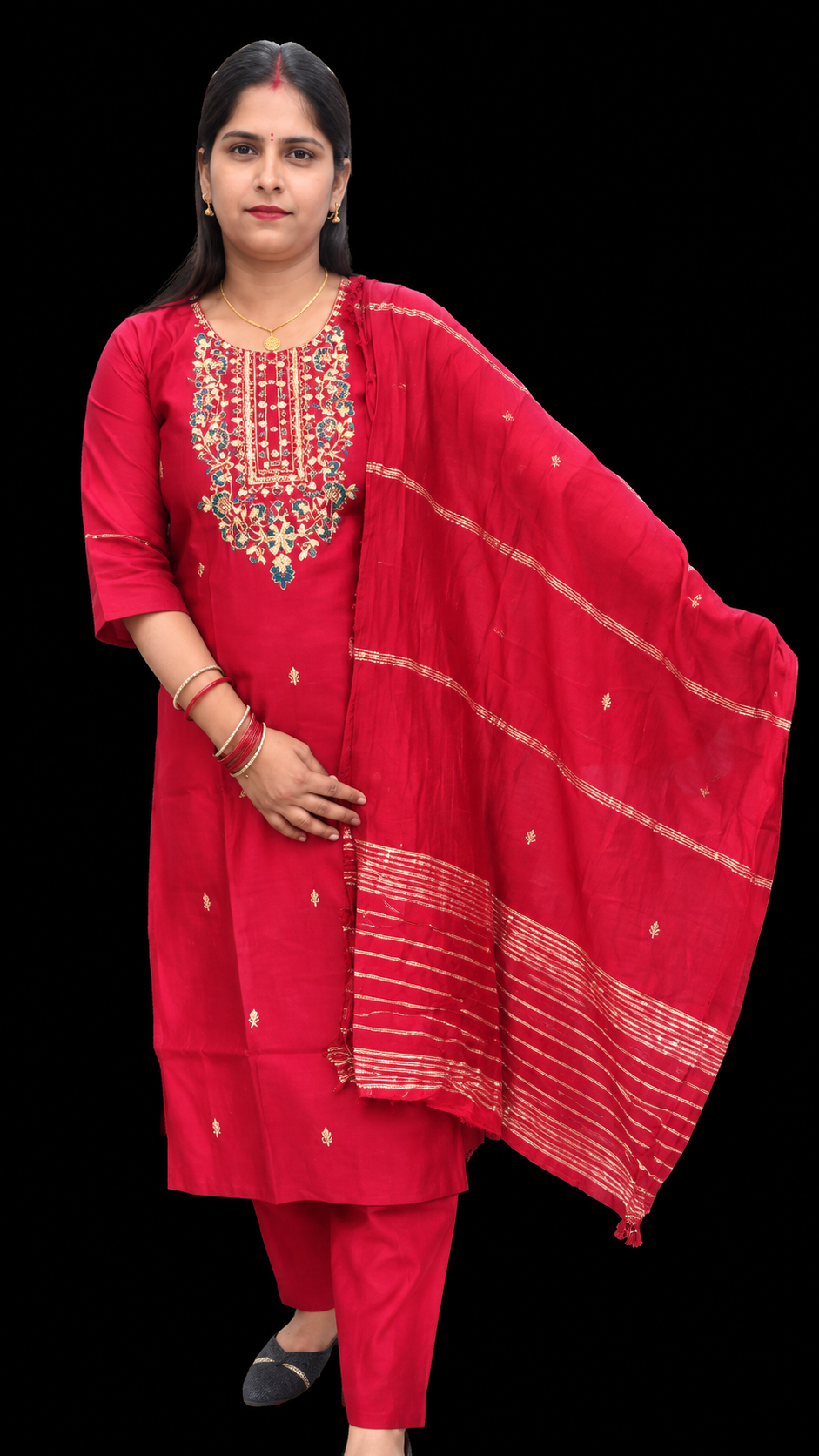 red embroidered kurta set paired with a matching dupatta and traditional red bangles.