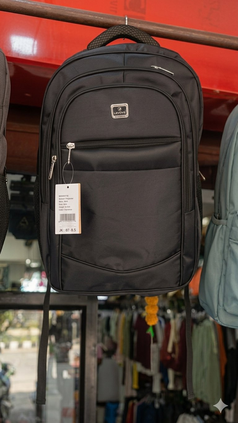multi-compartment synthetic fabric laptop backpack with a small rectangular logo patch on the front upper section.