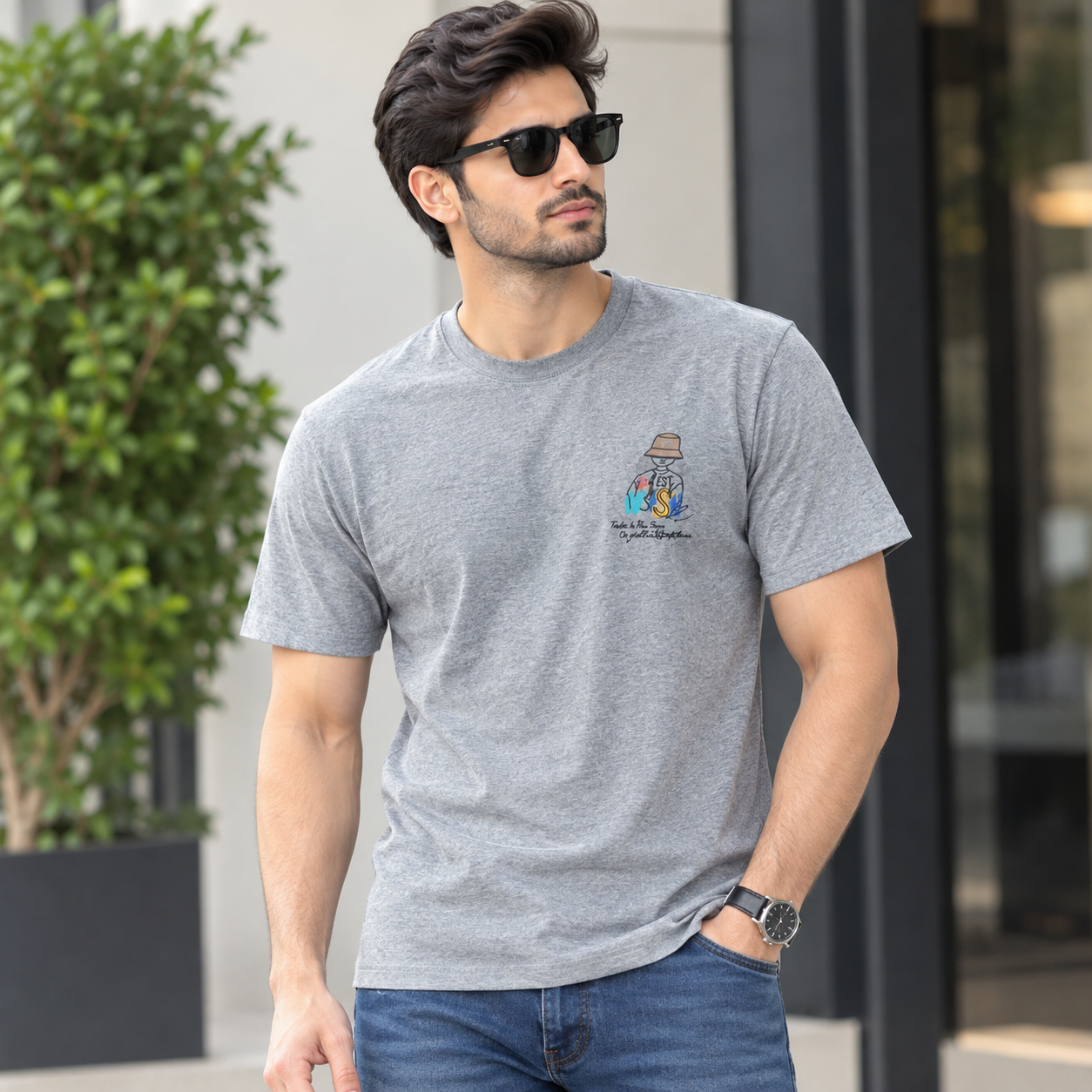 Sheng Dian ST2 casual short-sleeve gray graphic t-shirt.
